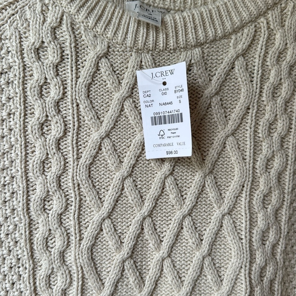 SOLD!‼️J Crew Cable Knit Sweater S cream Crew Womens BT229 Fisherman 100% cotton - Picture 3 of 7